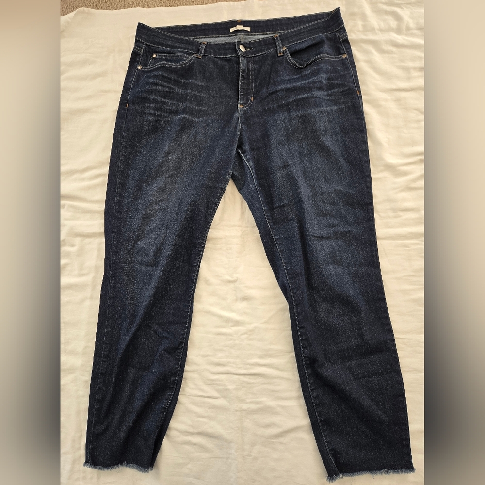 Eileen Fisher 16 Dark Blue Denim Mid  Rise Jeans With Fringe Hem